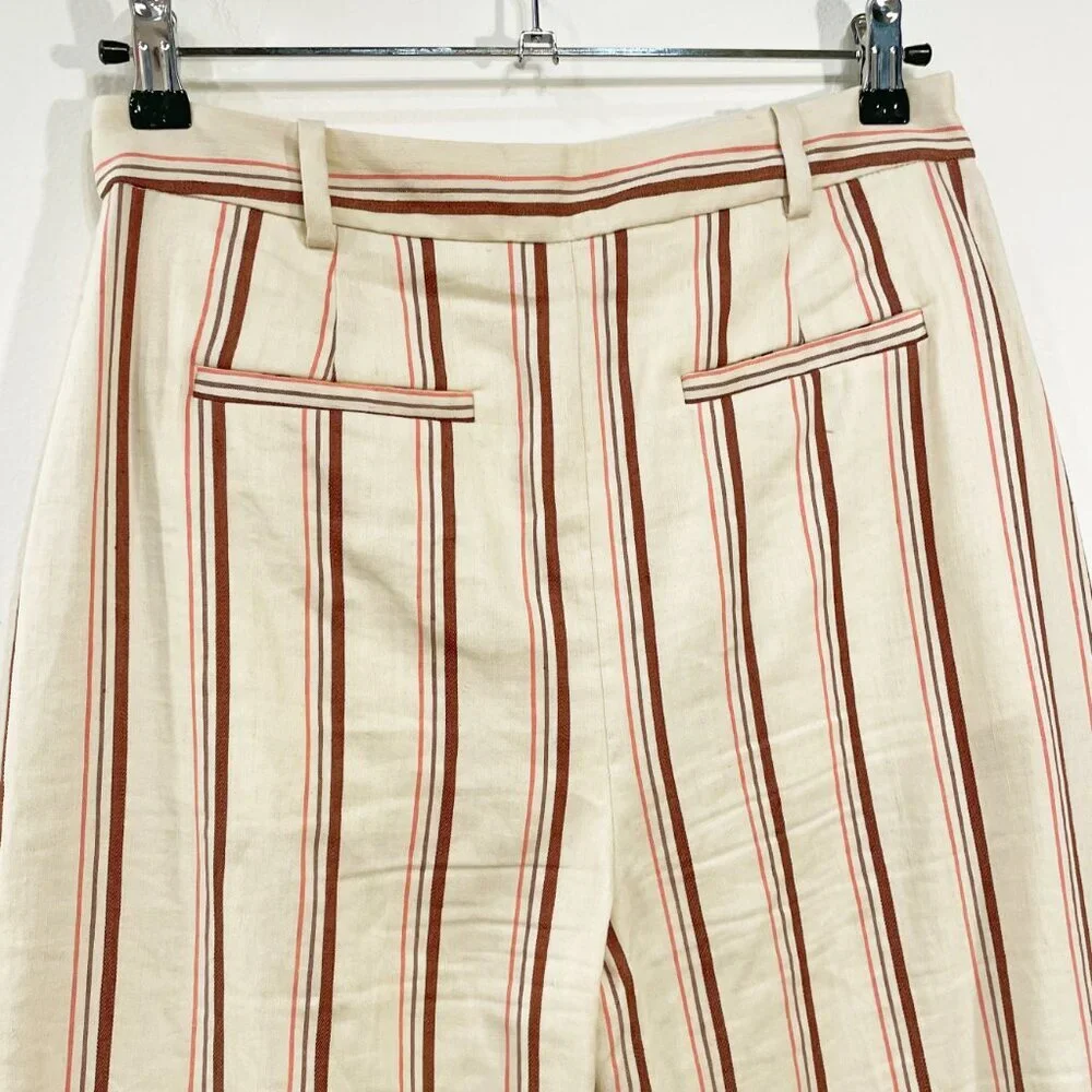 EUC Sezane Matheo Striped Linen Cotton Wide Leg Pant Ecru Brown 38, 6